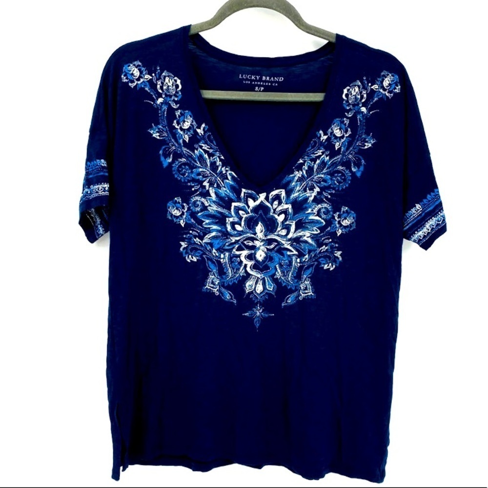 Lucky Brand Floral V-Neck Short Sleeve Shirt Sz S